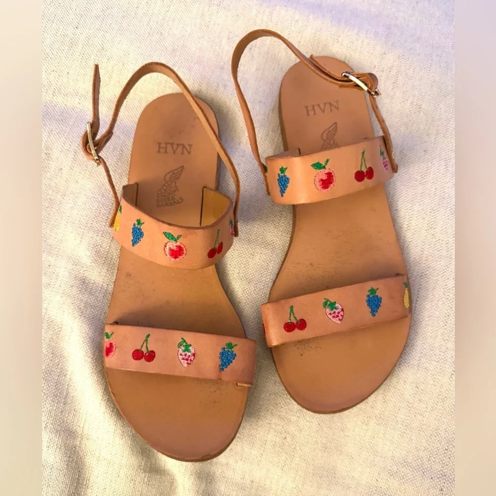 Ancient Greek Sandals x HVN Clio Fruit-Embroidered Sandals in Natural